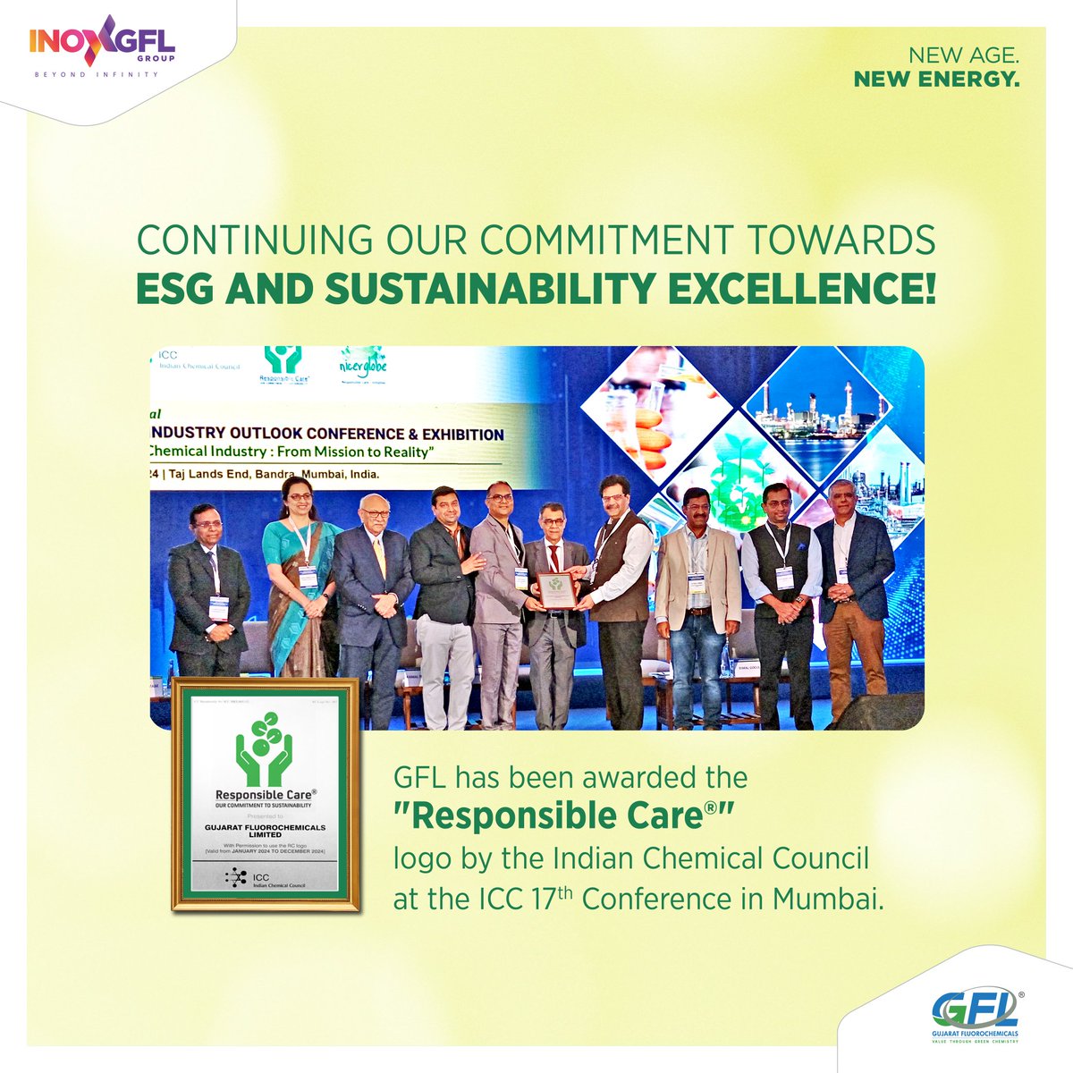 fluorochemicals's tweet photo. Proud moment for GFL as we receive the coveted "Responsible Care®️" logo from the Indian Chemical Council at the ICC 17th Conference in Mumbai.  This recognition underscores our commitment to environmental, health, safety, and security excellence. #ResponsibleCare  #ICCConference https://t.co/UrwujJhnNd