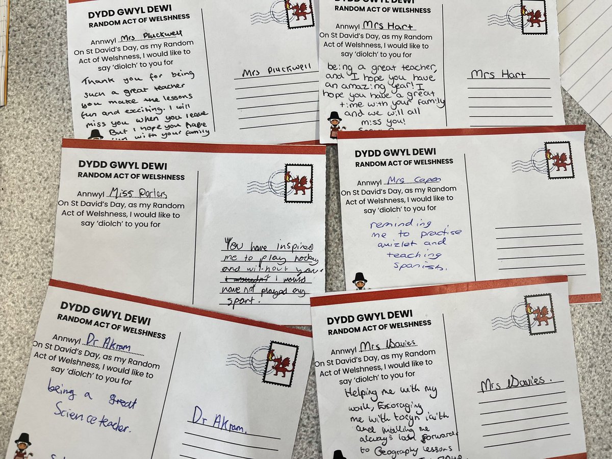 Dydd Gwyl Dewi Hapus to all of our wonderful staff 🏴󠁧󠁢󠁷󠁬󠁳󠁿 🌼 
The Welsh Department have loved asking our students to write ‘Diolch’ postcards as a Random Act of Welshness to celebrate St. David’s Day! We hope these make you smile 🌟☺️#dyddgwyldewihapus #RandomActsofWelshness