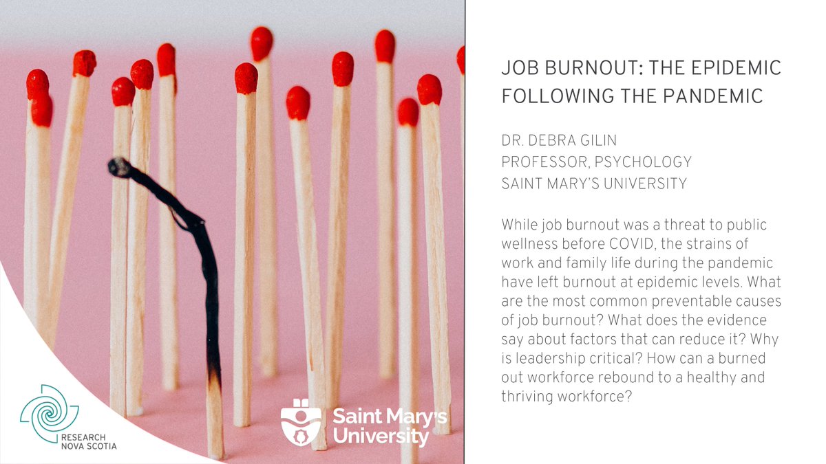 In this webinar, Dr. Debra Gilin at @smuhalifax discusses preventable causes of burnout, factors that can reduce it, the role of supportive leadership and creating a healthy & thriving workforce. ➡️ bit.ly/3T47McW @DrLeeBaggley @SMUScience @WorkHealthyOHS