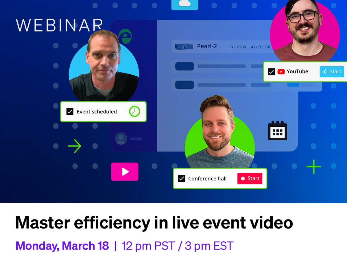 Epiphan Video (@epiphanvideo) on Twitter photo Discover the secrets behind automated and efficient production workflows. Join us (along with industry pros Tim Kerbavaz (<a href="/tkerbavaz/">Tim “All Events are Digital” K</a>) and Erich Peters) for "Master efficiency in live event video with Pearl" webinar on Monday, March 18.
Save your spot: hubs.li/Q02mP3pY0 Discover the secrets behind automated and efficient production workflows. Join us (along with industry pros Tim Kerbavaz (<a href="/tkerbavaz/">Tim “All Events are Digital” K</a>) and Erich Peters) for "Master efficiency in live event video with Pearl" webinar on Monday, March 18.
Save your spot: hubs.li/Q02mP3pY0