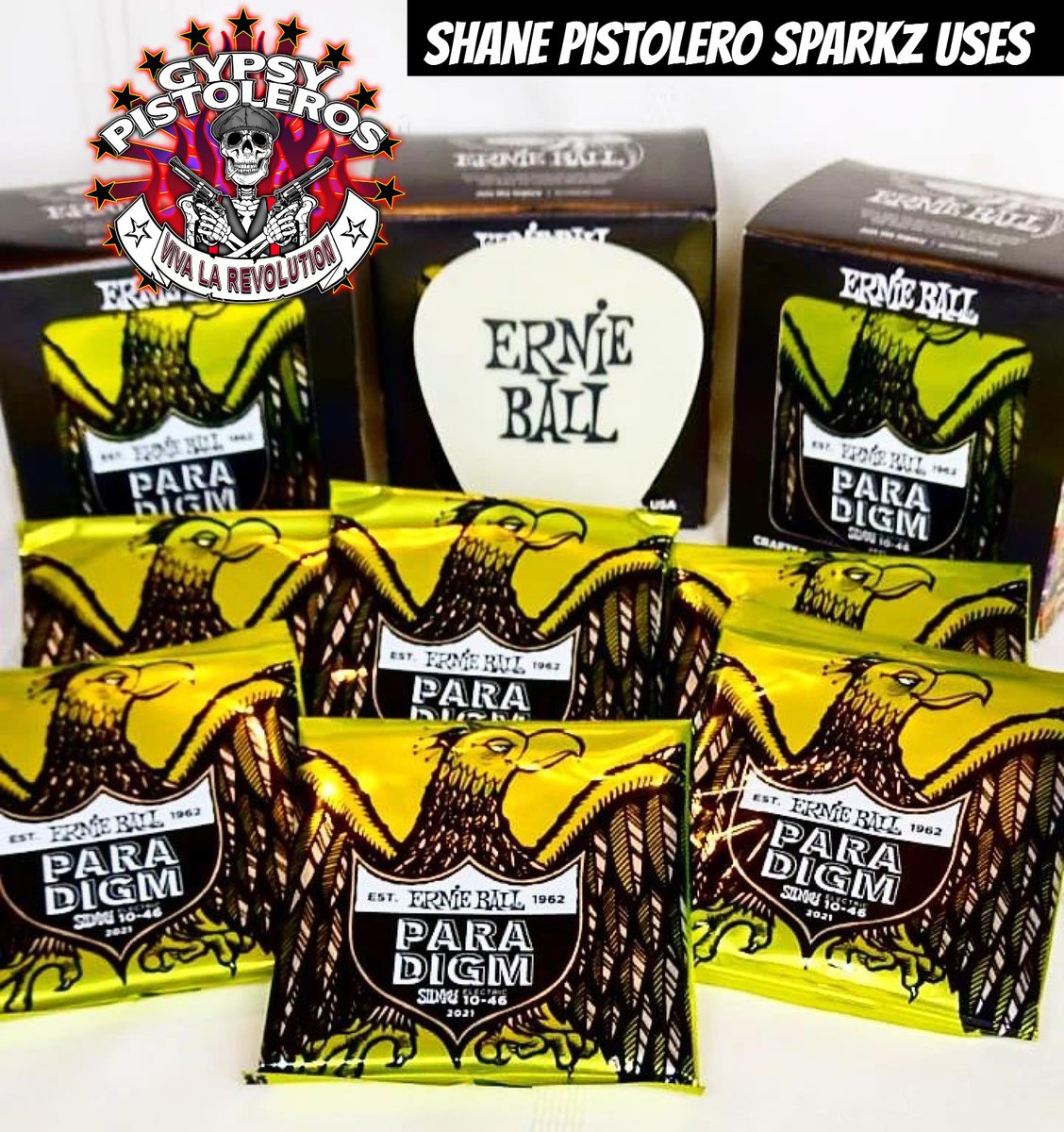 Good news! GYPSY PISTOLEROS Guitar slinger Shane Sparkz is now a proud endorser of @ernieball Strings! He loves them and says that theyhave incredible tone and extreme durability. Exactly what is needed for the hard punky heavy riffs coming out of GP! #ernieballstrings