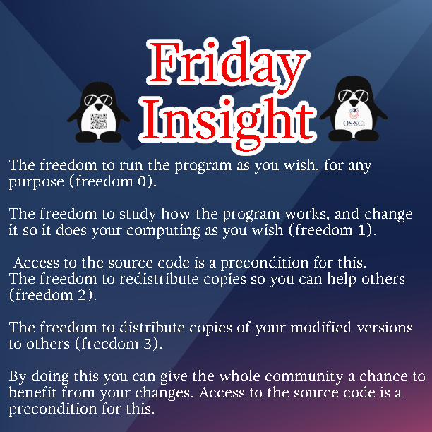 os_sci_bv's tweet photo. Since the founding of the #FSF by Richard Stallman the four freedoms of software are a fact. Most of all #FOSS licences are based on the four freedoms. The four freedoms define the basic right users of Software should have. Rights which you get through the most FOSS licences. https://t.co/QQKN5CSEVW