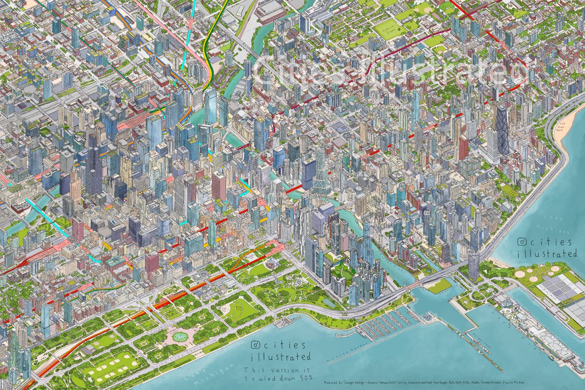 Zoom in on this incredible new map of Chicago's Loop! It took almost two months for artist Tanager George (ig/citiesillustrated) to make this drawing with our skyline in 3D & the downtown El weaving past buildings. Windows on buildings, bushes on each street, crazy details.