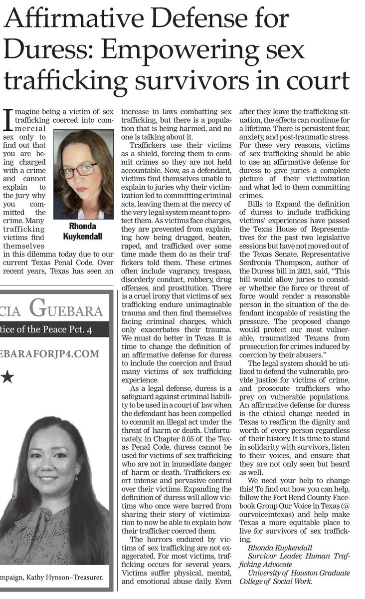 Third time is a charm.  Affirmative Defense for Duress needs to make it through the 89th Legislative Session.  You can help!  Contact me.