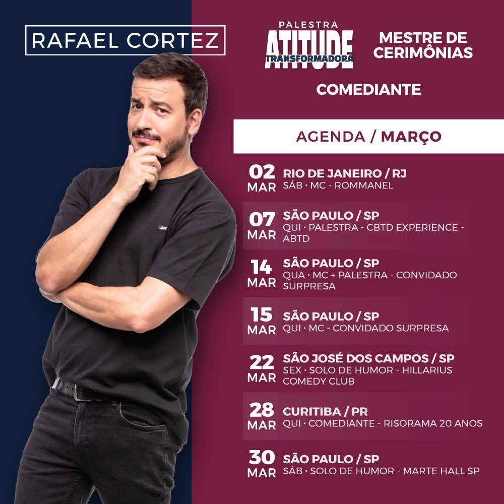 MARÇO! A agenda tá legal, com alguns eventos corporativos que certamente adorarei fazer como MC e/ ou Palestrante e, que bom!, a volta da Comédia! Viva! Estarei nos 20 anos do @Risorama em Curitiba com um bando de amigos, e terei solos em São José dos Campos no Hillarius. Vai