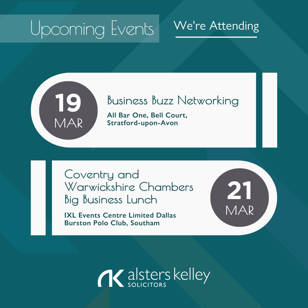 Alsters Kelley are attending various networking events throughout March and look forward to meeting with other local businesses.

 @ladies1stnet @socially_shared 
@cwchamber @fsb_voice@bizbuzzwarks