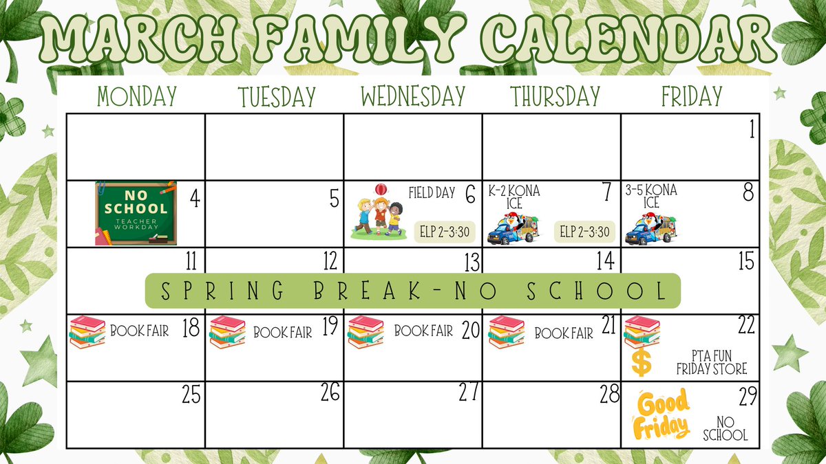 ☘️March Family Calendar

Here is a look at all fun events and dates for the month of March. As always, please keep an eye out for information in students Wednesday folders. 🙂