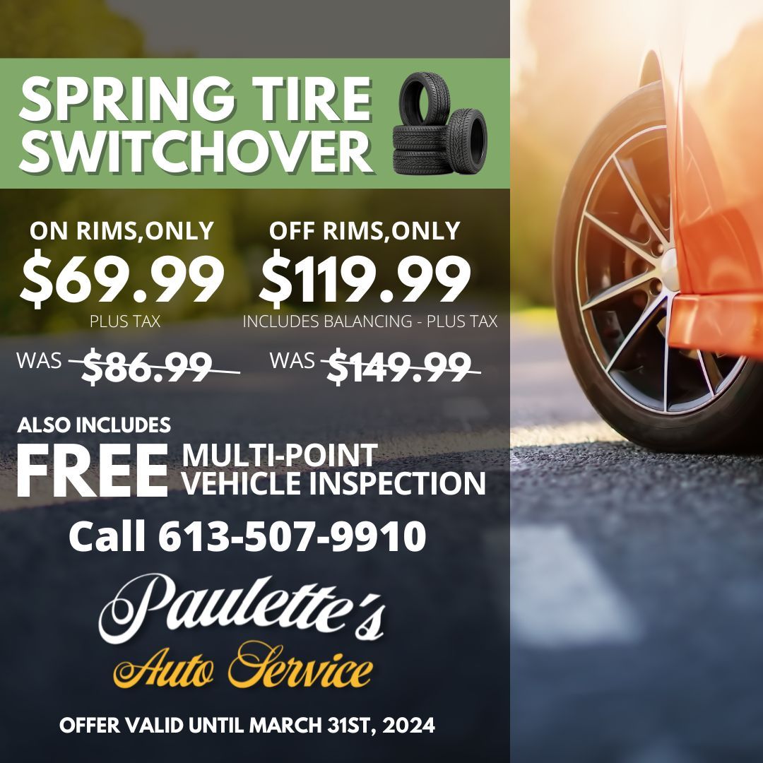 PauletteAuto's tweet image. 🍃 March Special! It's just about time to get those winter tires off!

Beat the rush ☎️ Call 613-507-9910 and book your appointment today! 

#tireswitch #kingstontires #tirekingston #tirestore #tireshop #autogarage #tires #tire #ygk