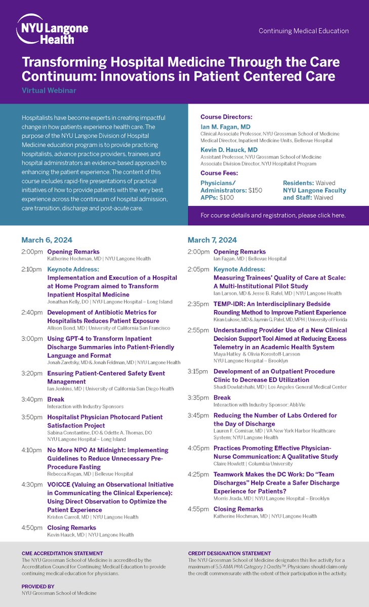 Sign up now! The Division of Hospital Medicine @nyulangone is hosting a virtual CME event next week on improving patient centered care. March 6th and 7th: 2-5PM EST 5.5 hours of CME credit FREE for all trainees and students Join and be a part of a national conversation!