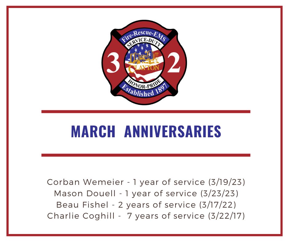 The CFD would like to acknowledge the following individuals for their anniversaries in service to the community in February. Corban Wemeier - 1 yos Mason Douell - 1 yos Beau Fishel - 2 yos Charlie Coghill - 7 yos Thank you for your service. #CFDlivethemission