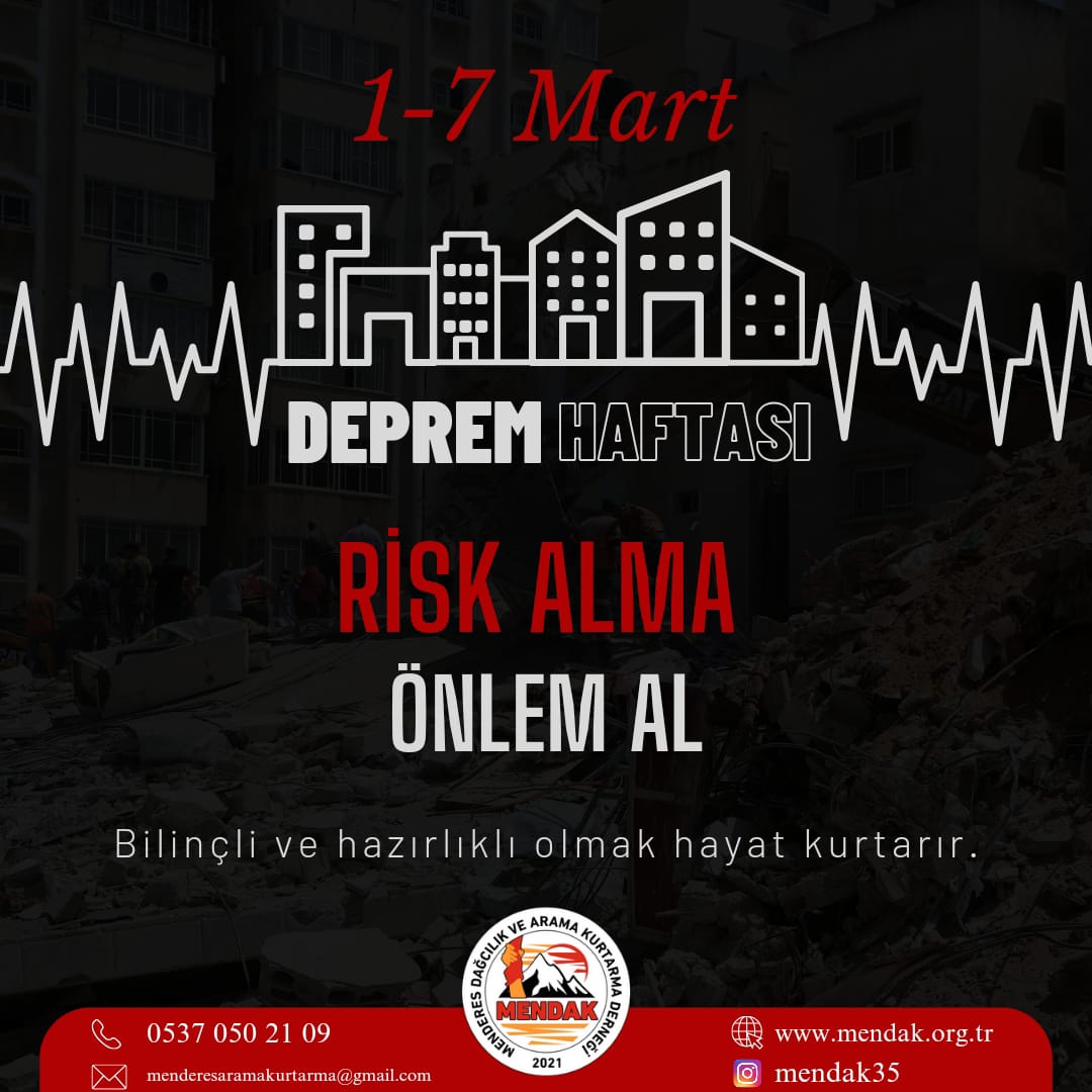 🚨⛔1-7 Mart Deprem Haftası.
.
🔴 RİSK ALMA❗
🟢 ÖNLEM AL❗

@mendak35  #menderes #i̇zmi̇r #depremhaftası #riskalmaönlemal #deprem #aramakurtarma #searchandrescue #afet