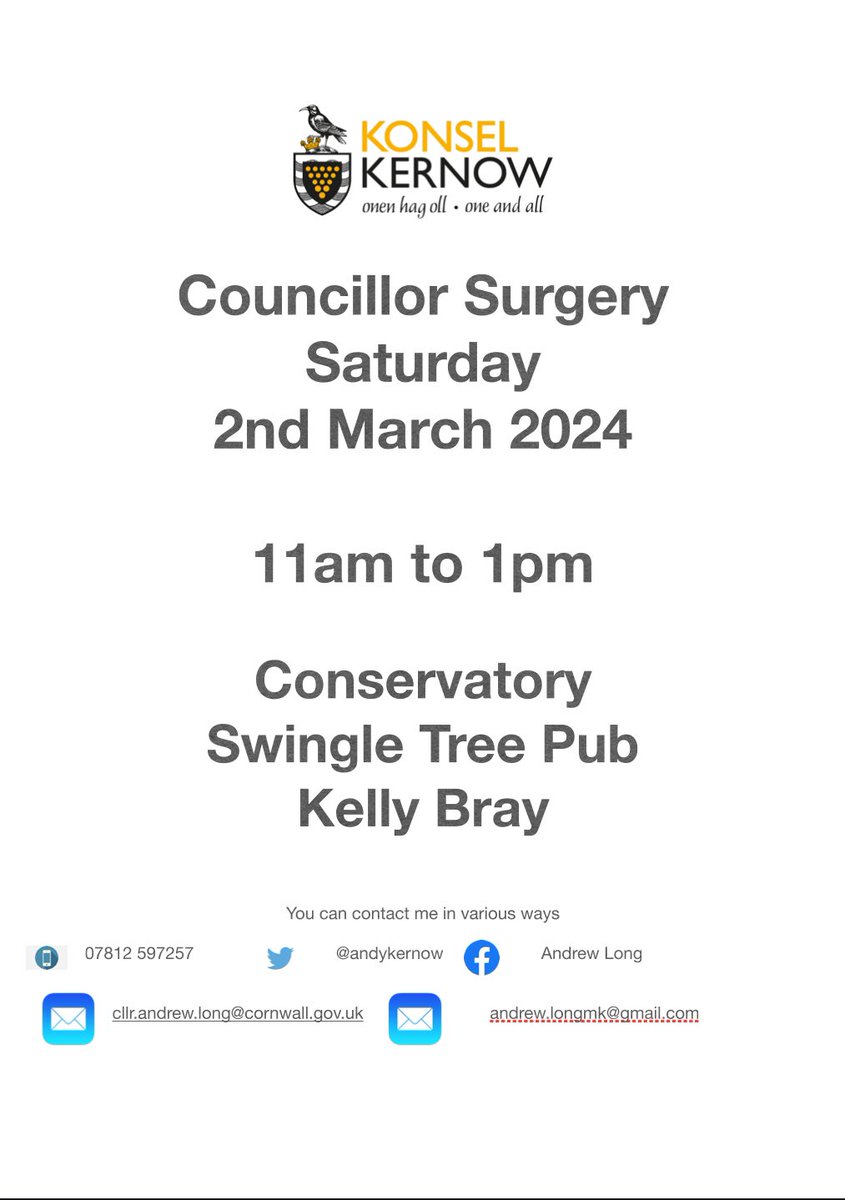 Tomorrow I am holding a Councillor Surgery at the Swingle Tree Pub in Kelly Bray from 11am to 1pm <a href="/CornwallCouncil/">@cornwallcouncil</a> <a href="/MebyonKernow/">The Party for Cornwall</a> <a href="/CallingtonTC/">Callington TC</a> #workingforcornwall #MKadifference