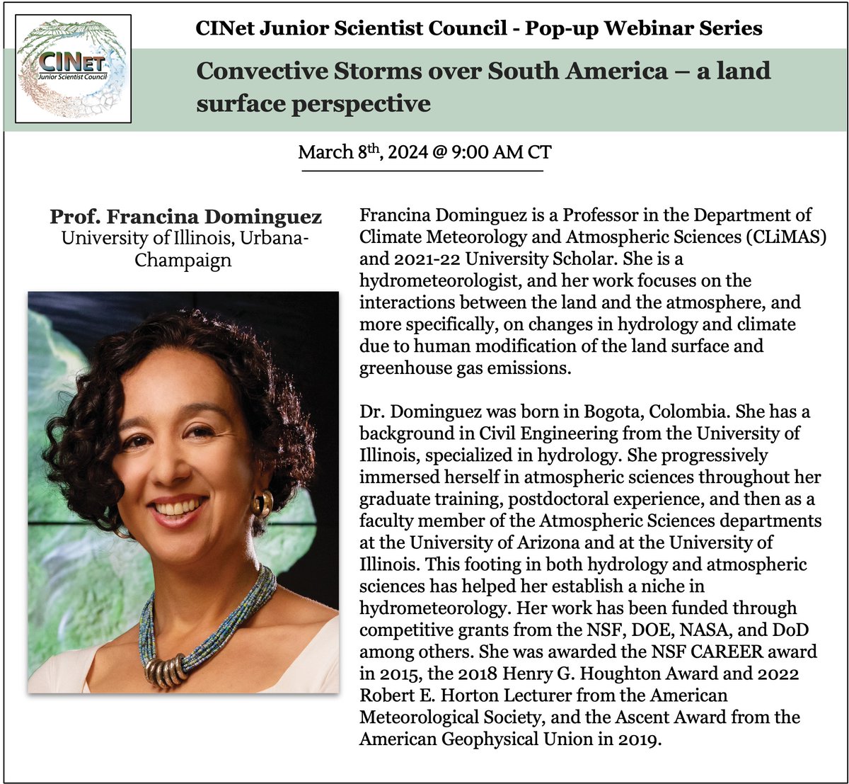 Please join our JrCINet pop-up webinar on Friday, March 8th at 9:00 am CT. Our speaker will be Dr. Francina Dominguez leading the discussion on the topic of Convective Storms over South America – a land surface perspective. <a href="/CZCNet/">Critical Zone Collaborative Network (CZNet)</a> <a href="/CUAHSI/">CUAHSI</a>
