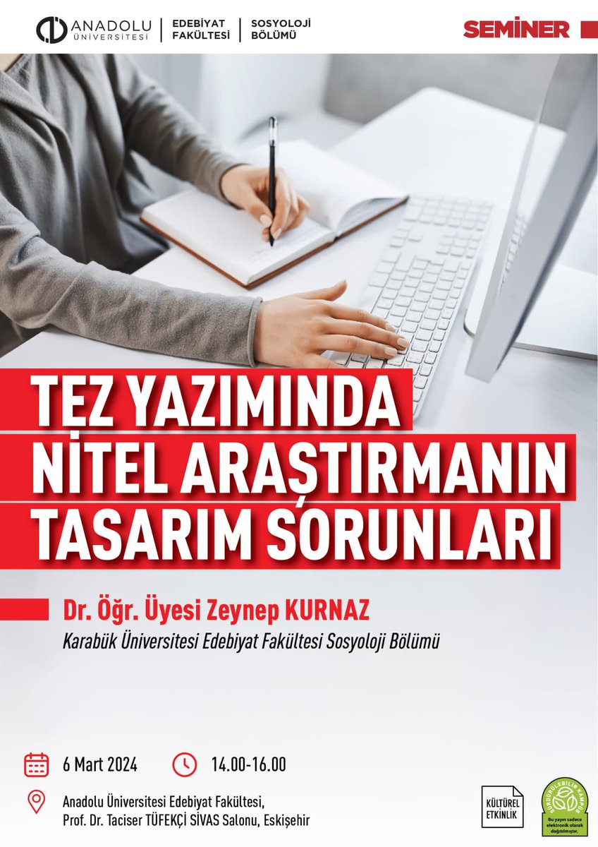 Anadolu Üniversitesi Sosyoloji Bölümü davetiyle 6 Mart 2024 Çarşamba günü saat 14.00'de Tez Yazımında Nitel Araştırmanın Tasarım Sorunları üzerine bir sunum yapacağım. 
Etkinlik aynı zamanda ZOOM üzerinden hibrit olacak. 
<a href="/ansosyoloji/">anadolusosyoloji</a> | <a href="/Anadolu_Univ/">Anadolu Üniversitesi</a>