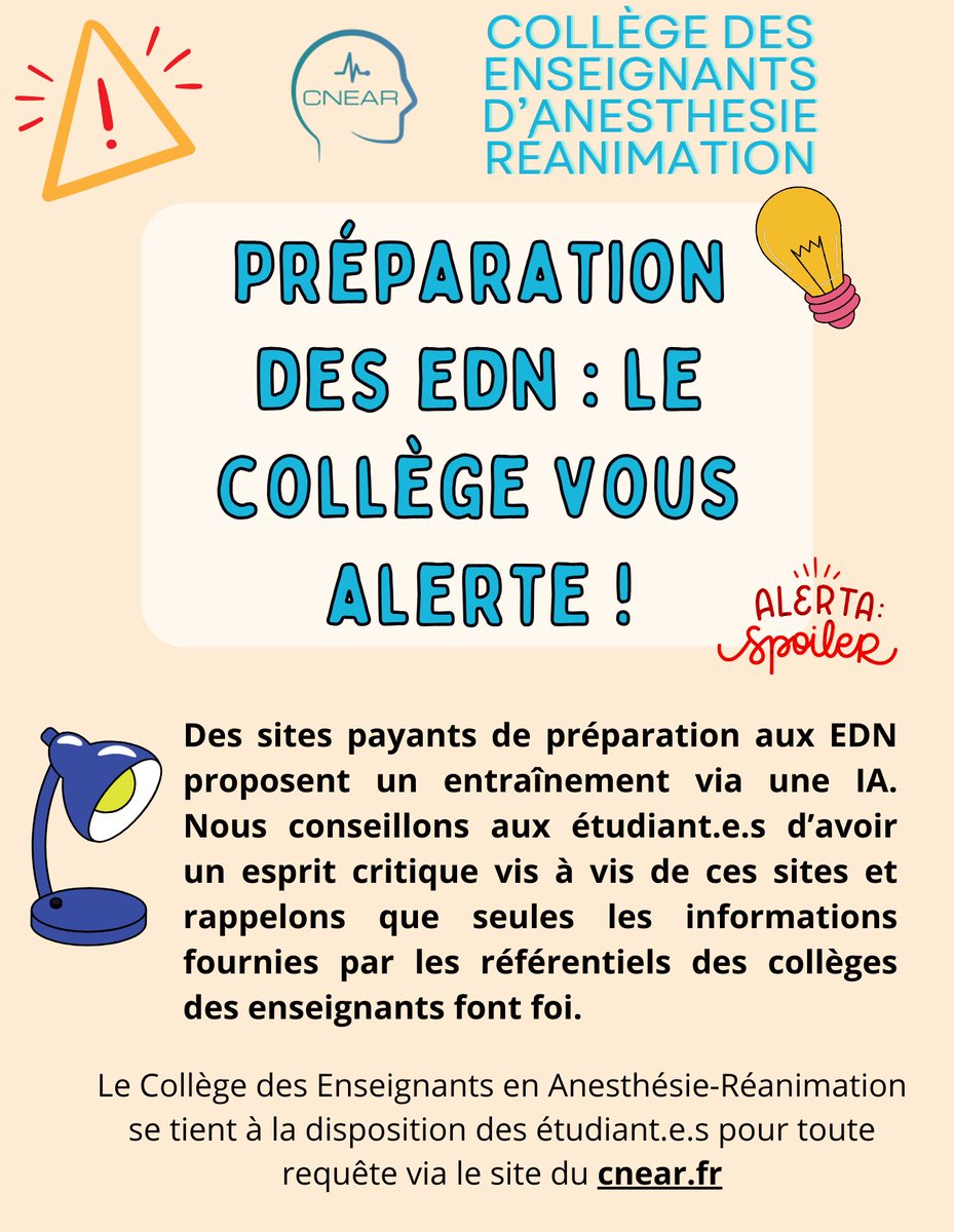 🚨Eh oh l'IA !!🤔
Le <a href="/cnear/">cathy near</a> attire l'attention des étudiant.e.s hospitaliers sur le dvpmt de sites 💰 prônant la préparation aux EDN via l'intelligence artificielle.
Le #CNEAR conseille d'avoir l'esprit critique vis à vis de ces sites. Seuls les référentiels des collèges font foi
