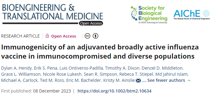 Kristy Ainslie (@ainslielab) on Twitter photo Our paper is out in print today in @BioTM_Buzz! Immunogenicity of an adjuvanted broadly active influenza vaccine in immunocompromised and diverse populations
aiche.onlinelibrary.wiley.com/doi/10.1002/bt… <a href="/DPMP_UNC/">Pharmacoengineering & Mol Pharmaceutics (DPMP UNC)</a> <a href="/UNCPharmacy/">UNC Pharmacy</a> Our paper is out in print today in @BioTM_Buzz! Immunogenicity of an adjuvanted broadly active influenza vaccine in immunocompromised and diverse populations
aiche.onlinelibrary.wiley.com/doi/10.1002/bt… <a href="/DPMP_UNC/">Pharmacoengineering & Mol Pharmaceutics (DPMP UNC)</a> <a href="/UNCPharmacy/">UNC Pharmacy</a>