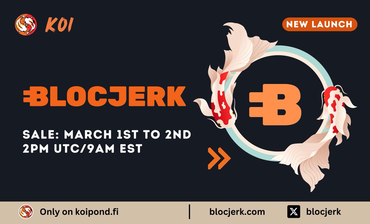 🚨$BJ by @blocjerk is LIVE NOW! 🚨 Remember, before participating you must first wrap your KOI! Raise amount: $80k worth of KOI Price per token: $0.60 Sale: koipond.fi/listings/blocj…