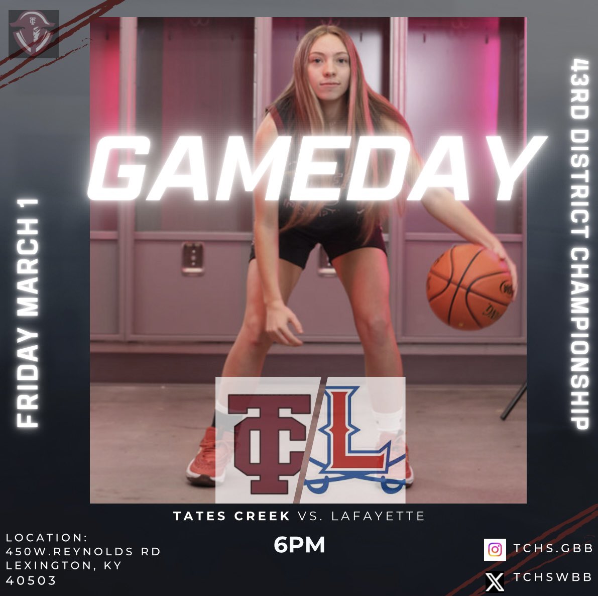 TCHSWBB's tweet photo. 43rd District Championship TONIGHT🏆

 TATES CREEK (17-13)
🆚Lafayette (18-12)
📍Lexington Christian Academy 
📆 March 1, 2024
⏰ 6PM
🎟️ At the door 

Come out and support your Lady Commodores . Black out night⚫️⚓️

#CreekNation#Believe https://t.co/ta1JwjpIol
