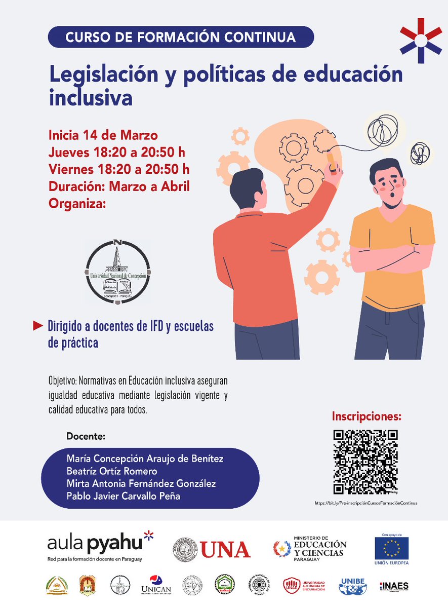 AulaPyahu's tweet image. #INSCRIBITE 🙌🏼 a los nuevos cursos de formación continua del Proyecto Aula Pyahu

La Universidad Nacional de Concepción (UNC) presenta Legislación y políticas de educación inclusiva.

📆Inicia 14 de marzo
