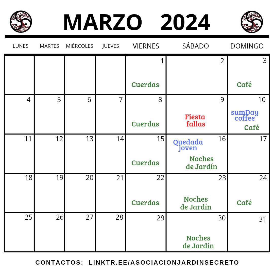 Plannig de eventos del mes de marzo