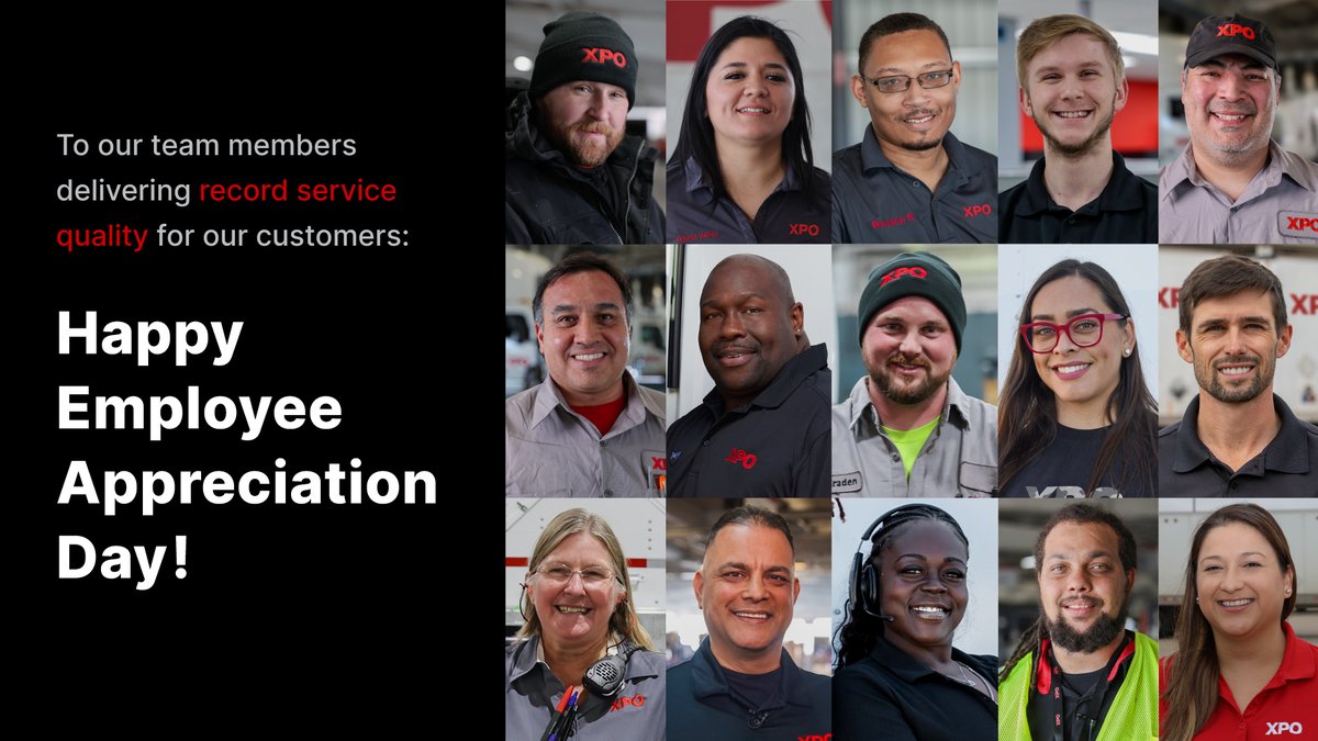 XPOLogistics's tweet photo. Happy #EmployeeAppreciationDay! Today, we give a big shout-out to #TeamXPO for all they do to take care of our customers and each other. It’s because of their hard work and dedication that we’re delivering record service quality! https://t.co/wUgPZozZp9