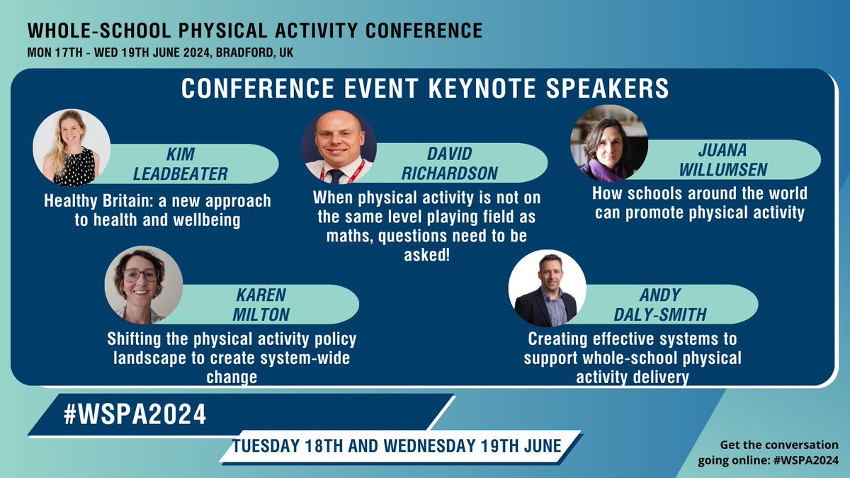 Why not join me at the international whole-school physical activity conference in Bradford, June24. #wspa2024 Early🐦 tickets 2-day main conference (18/19 June): £200 3-day main conference + pre-conference (17-19): £325 Programme & registration at wspa2024.co.uk