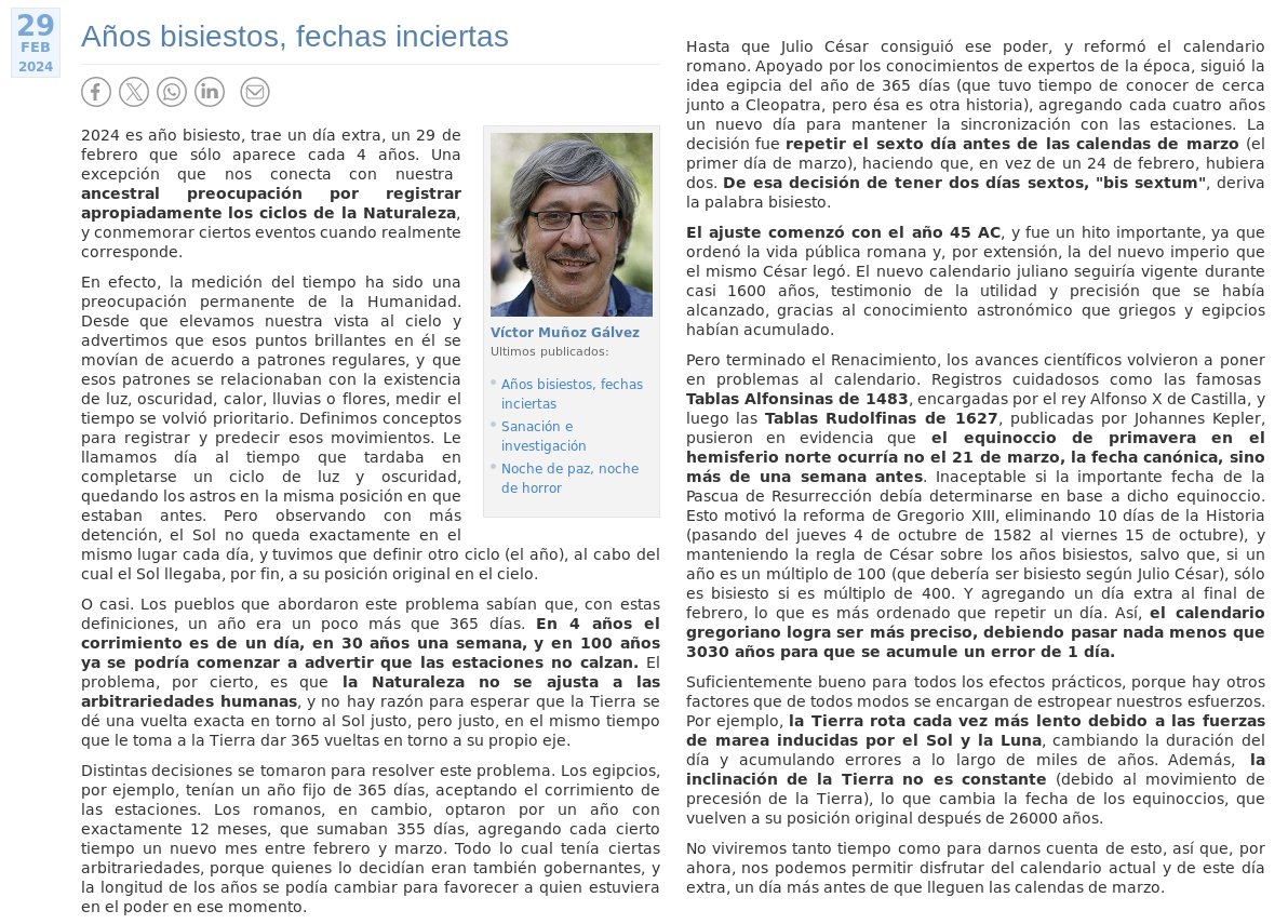 victorh_munoz's tweet image. 2024 vino con día extra. La medición del tiempo, la creciente precisión de la observación de los astros, y los ajustes del calendario. Julio César,  Alfonso X, Kepler y Gregorio XIII, en esta columna para @Cooperativa sobre los años bisiestos. opinion.cooperativa.cl/opinion/cienci… #scicomm