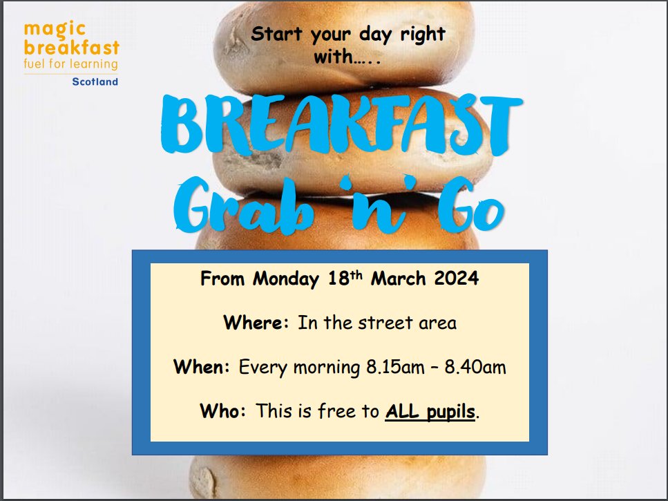 In partnership with Magic Breakfast our morning Grab 'n' Go offering of breakfast items, will begin on Monday 18th March 2024. Free Breakfast to ALL pupils in the street area from 8.15am everyday. Please encourage your son/daughter to attend. See below for more 👇👇👇