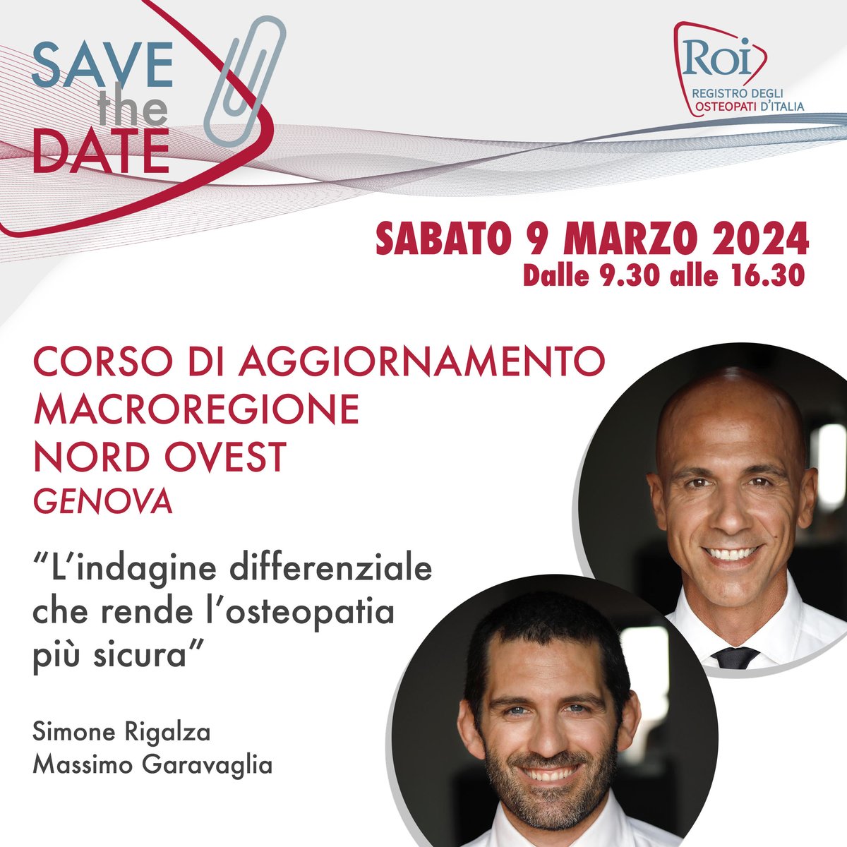 Marzo inizia con due appuntamenti di formazione per la nostra associazione: il corso di aggiornamento "L'indagine differenziale che rende l'#osteopatia più sicura":
Genova-9 marzo 2024 (MacroRegione NordOvest)
Ancona-16 marzo 2024 (MacroRegione Centro) 
registro-osteopati-italia.com/agenda/