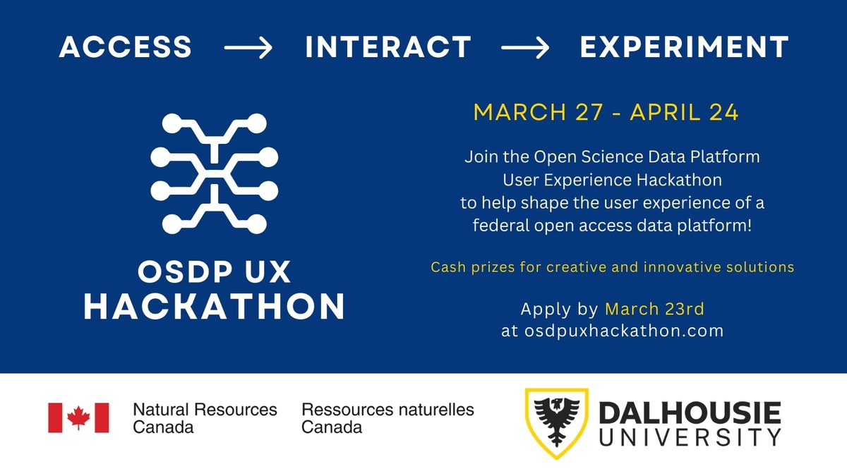 OSDPUXHackathon's tweet image. Join the Open Science Data Platform User Experience Hackathon to help shape the user experience of a federal open-access data platform! Apply by March 23, 2024, 11:59 PM AST at osdpuxhackathon.com/home/apply/