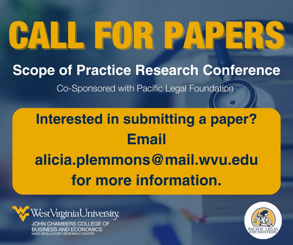KneeCenter_WVU's tweet image. 🚨 Call for Papers 🚨
Good news, we are EXTENDING the deadline for the call for papers for our next Scope of Practice Research Conference, co-sponsored with our friends at @PacificLegal. Didn't get your research in yet? The deadline to submit is now March 15th!
#scopeofpractice