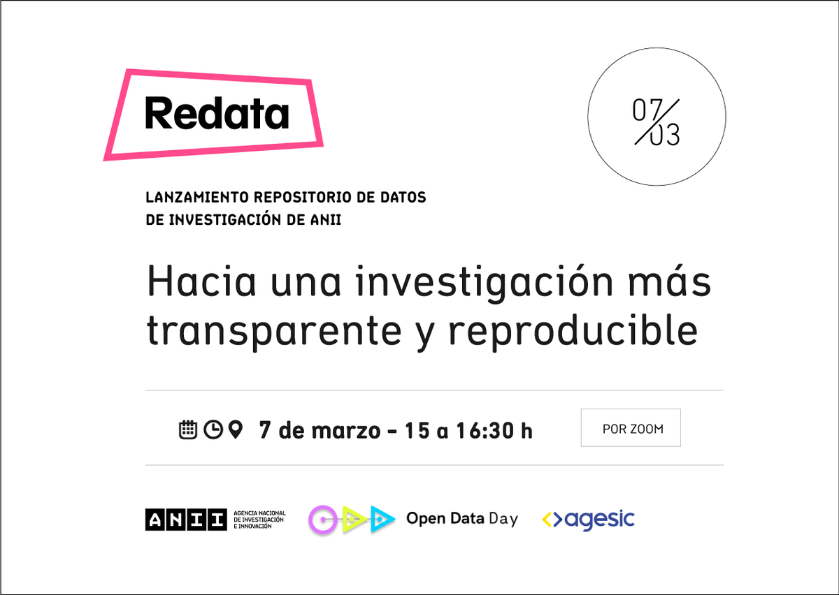 🔴 LANZAMIENTO
En el marco del #OpenDataDay <a href="/agesic/">Agesic</a> lanzamos REDATA, el repositorio de datos abiertos de investigación de ANII. 

🗓 💻 Este 7 de marzo conectate para intercambiar con expertos de la academia, el gobierno y la sociedad civil sobre experiencias, buenas prácticas y