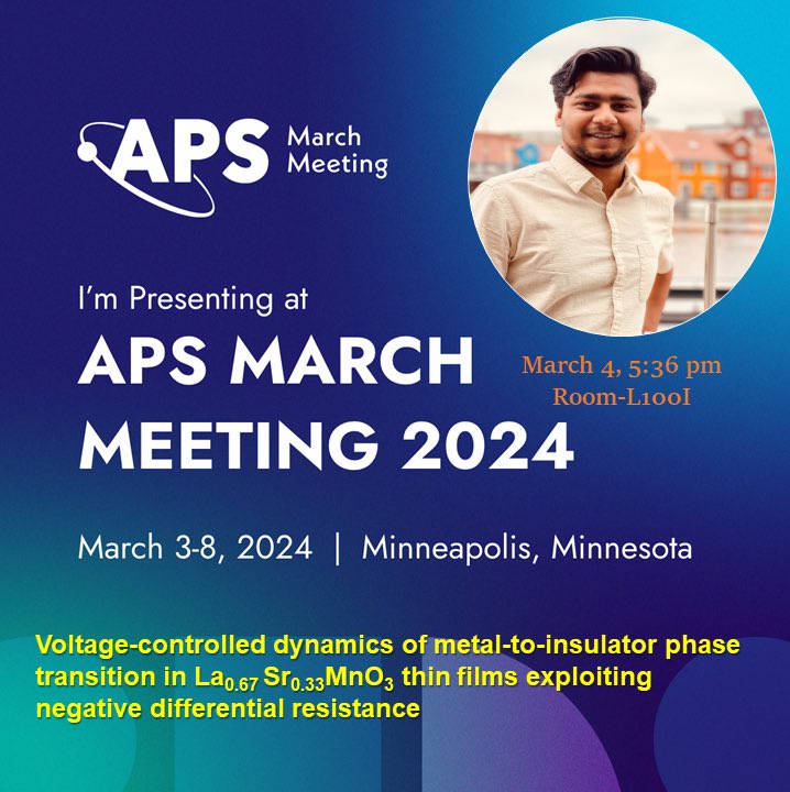 Hello all, if you are at APS march meeting 2024 and want to know how neuronic oscillations can be made using complex oxide for #braininspiredcomputing  checkout my talk on Monday, March 4 at 5:36 pm in Room-L100I  #APSMarchMeeting
#neuromophic
#cognigron 
#Minneapolis