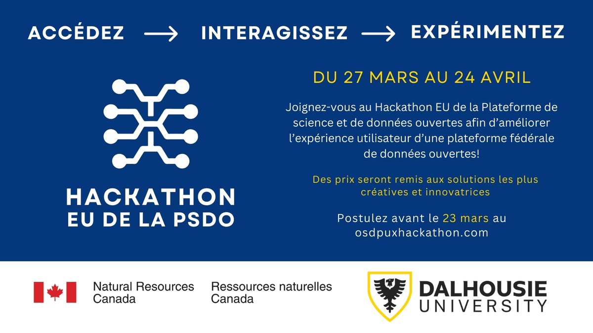 OSDPUXHackathon's tweet image. Joignez-vous au Hackathon EU de la Plateforme de science et de données ouvertes afin d’avoir l&apos;opportunité d’améliorer l’expérience utilisateur d’une plateforme fédérale de données ouvertes! Soummetez votre candidature avant le 23 mars 2024 à 23h59 HNA au osdpuxhackathon.com/fr/postuler/