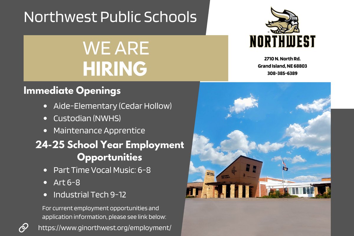 Join our Culture of Excellence 💛🖤
Northwest Public Schools is hiring:
Information and online application can be found here:
ginorthwest.org/employment/
#ginwvikings