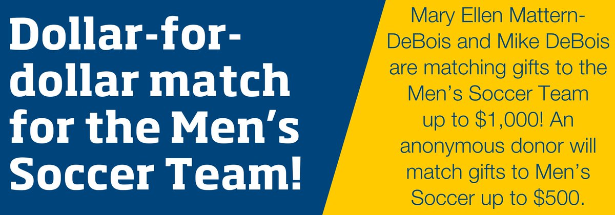 We still have an open dollar-for-dollar match to support the Men's Soccer team!  Two generous donors offered to match gifts up to $1,500 on Give to CSS Day.  We just need $450 more in donations to complete this matching gift.  Visit go.css.edu/givetocssday to make a gift now!