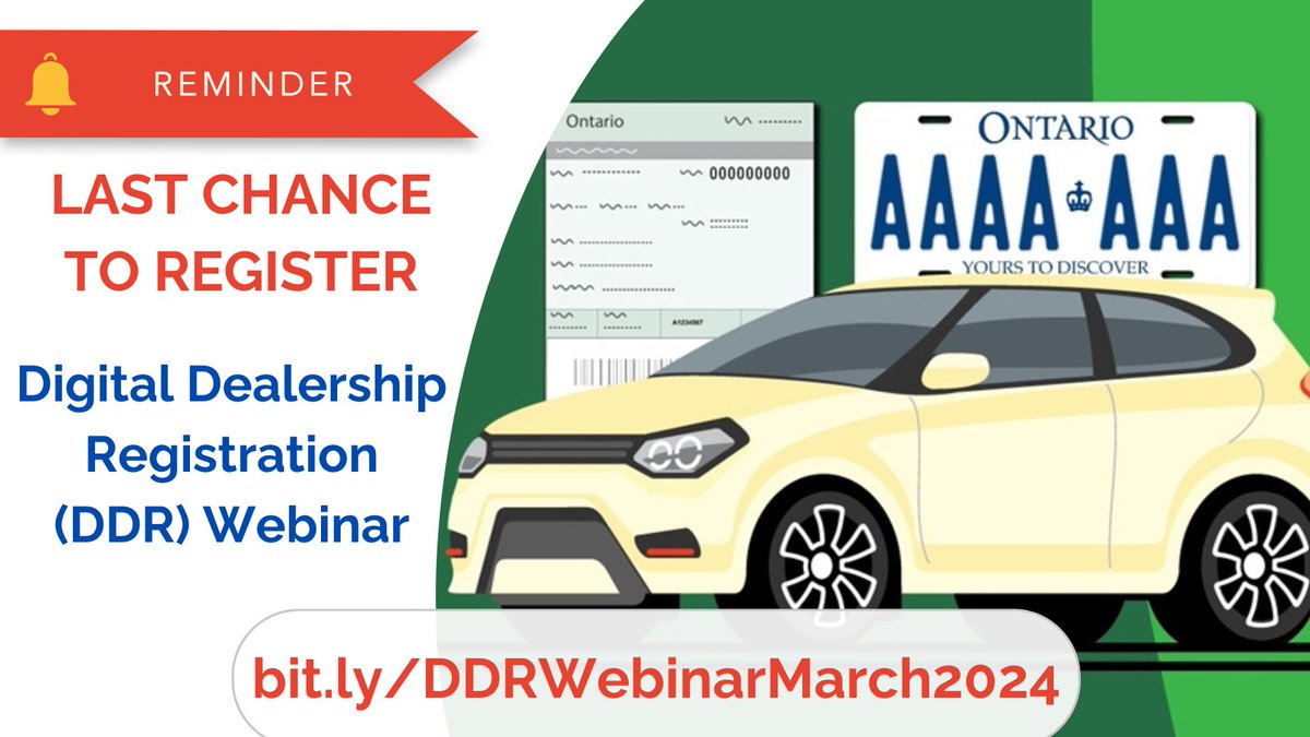 MVRO_CA's tweet photo. 🗓️ The Ministry of Public and Business Service Delivery (MPBSD) &amp; the Ministry of Transportation (MTO) are hosting a DDR Webinar on Mar 5th &amp; 7th, 1-2pm. Learn about the DDR app revolutionizing vehicle registrations in Ontario. Last call to sign up! https://t.co/6Tr9X2XXpj
#DDR https://t.co/hO6b31d9LL