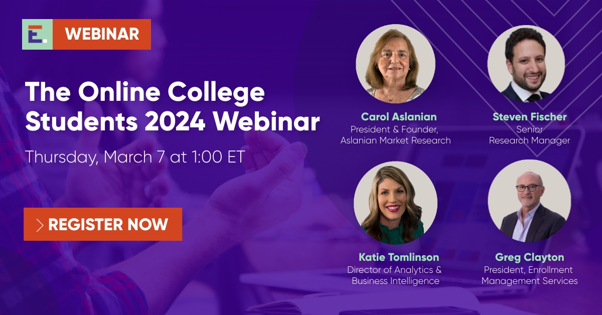 EdDynamics's tweet image. Join our webinar on March 7th at 1 PM ET for a deep dive into The Online College Students Report 2024. We&apos;re expanding the conversation! EDDY Experts Carol Aslanian and Steven Fischer are joined by Katie Tomlinson and Greg Clayton. 
Register now: bit.ly/3UZOOGE