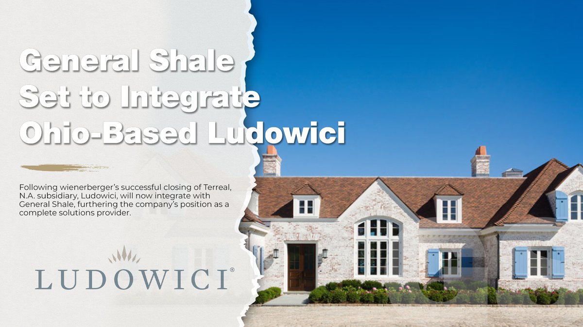 🚨 ANNOUNCEMENT: GENERAL SHALE SET TO INTIGRATE LUDOWICI
We are pleased to announce that wienerberger has successfully closed on their acquisition of Terreal. 

For more on this story, read the full press release here: lnkd.in/gawzQcfJ
 
#GeneralShale #Ludowici #Roofing