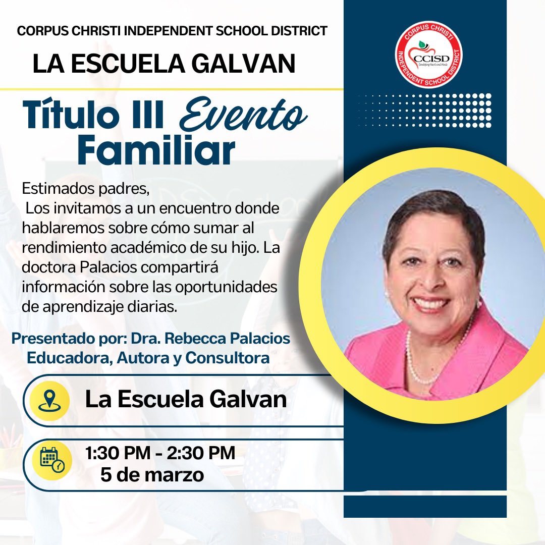 CCISD Bilingual_ESL (@ccisdbilingual) on Twitter photo We are excited to have <a href="/RebeccaPalaci11/">Dr. Rebecca A Palacios, NBCT</a> meet with our emergent bilingual families <a href="/GalvanExplorers/">Galvan Explorers</a> on March 5th <a href="/vmo007/">Veronica Molina</a> <a href="/CCISD/">CCISD</a>
Estamos emocionados de que <a href="/RebeccaPalaci11/">Dr. Rebecca A Palacios, NBCT</a> se reúna con nuestras familias bilingües emergentes <a href="/GalvanExplorers/">Galvan Explorers</a> el 5 de marzo <a href="/vmo007/">Veronica Molina</a> <a href="/CCISD/">CCISD</a> We are excited to have <a href="/RebeccaPalaci11/">Dr. Rebecca A Palacios, NBCT</a> meet with our emergent bilingual families <a href="/GalvanExplorers/">Galvan Explorers</a> on March 5th <a href="/vmo007/">Veronica Molina</a> <a href="/CCISD/">CCISD</a>
Estamos emocionados de que <a href="/RebeccaPalaci11/">Dr. Rebecca A Palacios, NBCT</a> se reúna con nuestras familias bilingües emergentes <a href="/GalvanExplorers/">Galvan Explorers</a> el 5 de marzo <a href="/vmo007/">Veronica Molina</a> <a href="/CCISD/">CCISD</a>