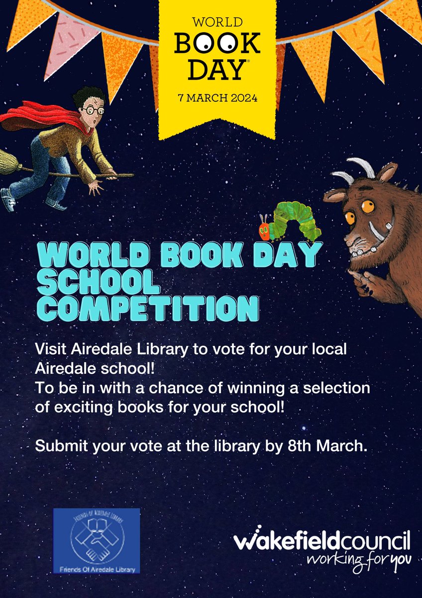 WFlibraries's tweet image. 📚Visit #AiredaleLibrary and vote for your Airedale school!
Be in with a chance to win your school a selection of exciting books!
📅finishes Sat 8 Mar 📍Airedale Library, WF10 3JJ

#WorldBookDay #competition #books #bookstagram #library

@MNetwakefield @MyWakefield