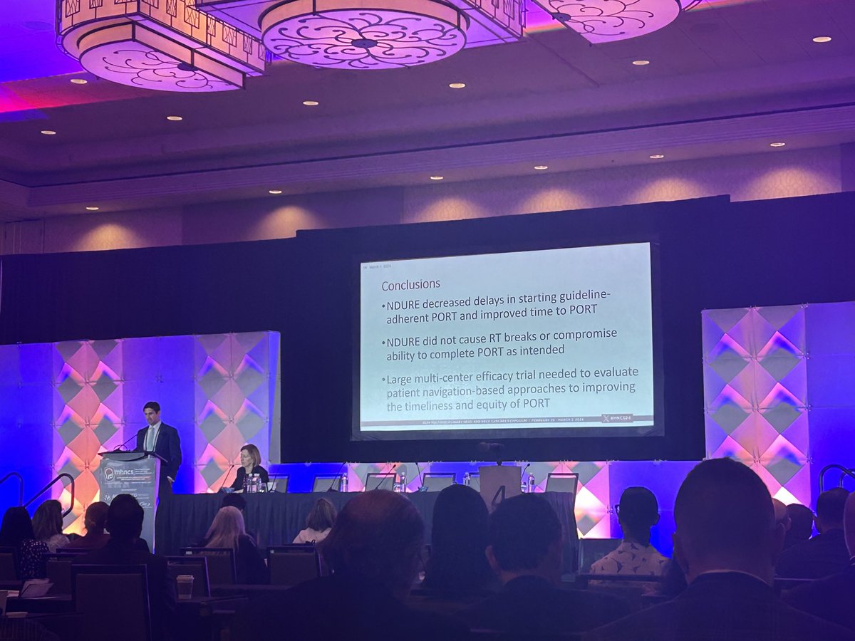 Dr. Evan Graboyes presenting his seminal NDURE randomized trial showing that enhanced patient navigation significantly reduces delays in postoperative radiotherapy and racial disparities. ⁦@muschollings⁩ #HNCS24