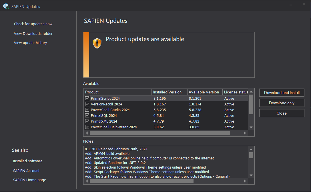 SAPIENTech's tweet image. We are always updating our products!
You can easily check for updates within each SAPIEN product. 🙌
View our product version history:
👉 bit.ly/3akofXN
Download the latest builds:
👉 sapien.com/software
#SAPIENTech #PowerShell #pwsh #scripting #NewRelease