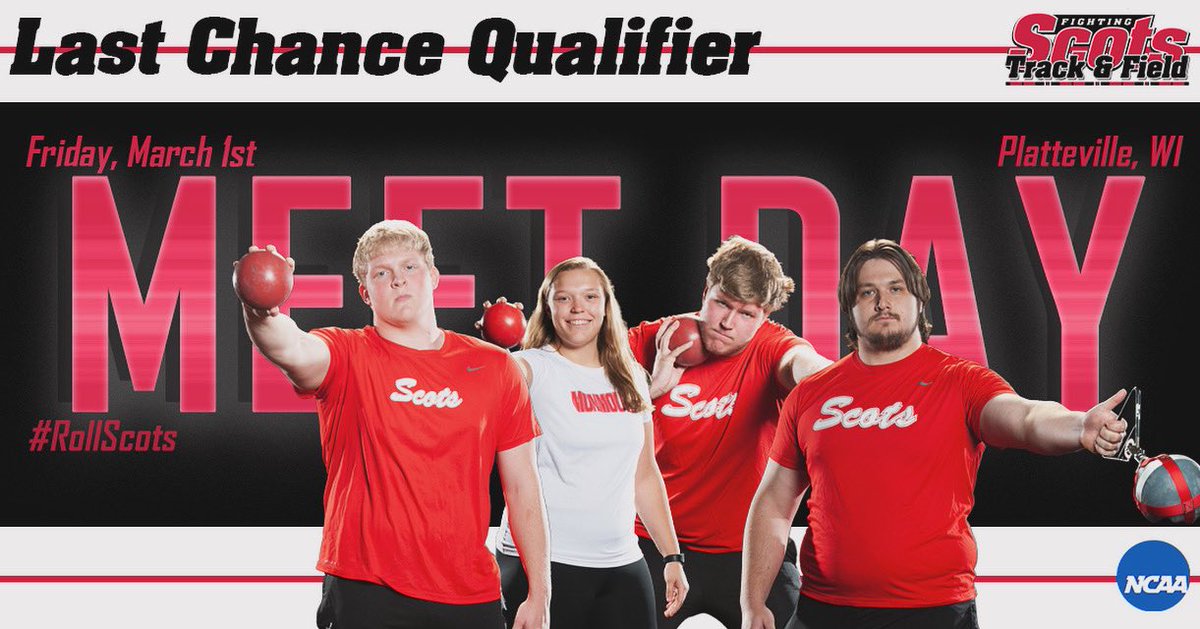 Good luck to our four competitors today at the Last Chance Qualifier in Platteville! 🔴⚪️ #RollScots #ThrowScots 📍Platteville, WI 🏟️Williams Fieldhouse ⏰ 4pm 📊 milesplit.live/meets/596757