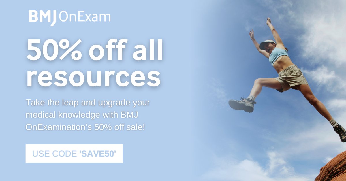 You can still claim 50% off any #BMJOnExamination resource.

Make the most of our quality revision questions, tailored to you. ✅ 

Insert Voucher Code: SAVE50 at the checkout and start your journey to exam success.

bit.ly/4bPzxOQ

#Medstudent #Medicalrevision