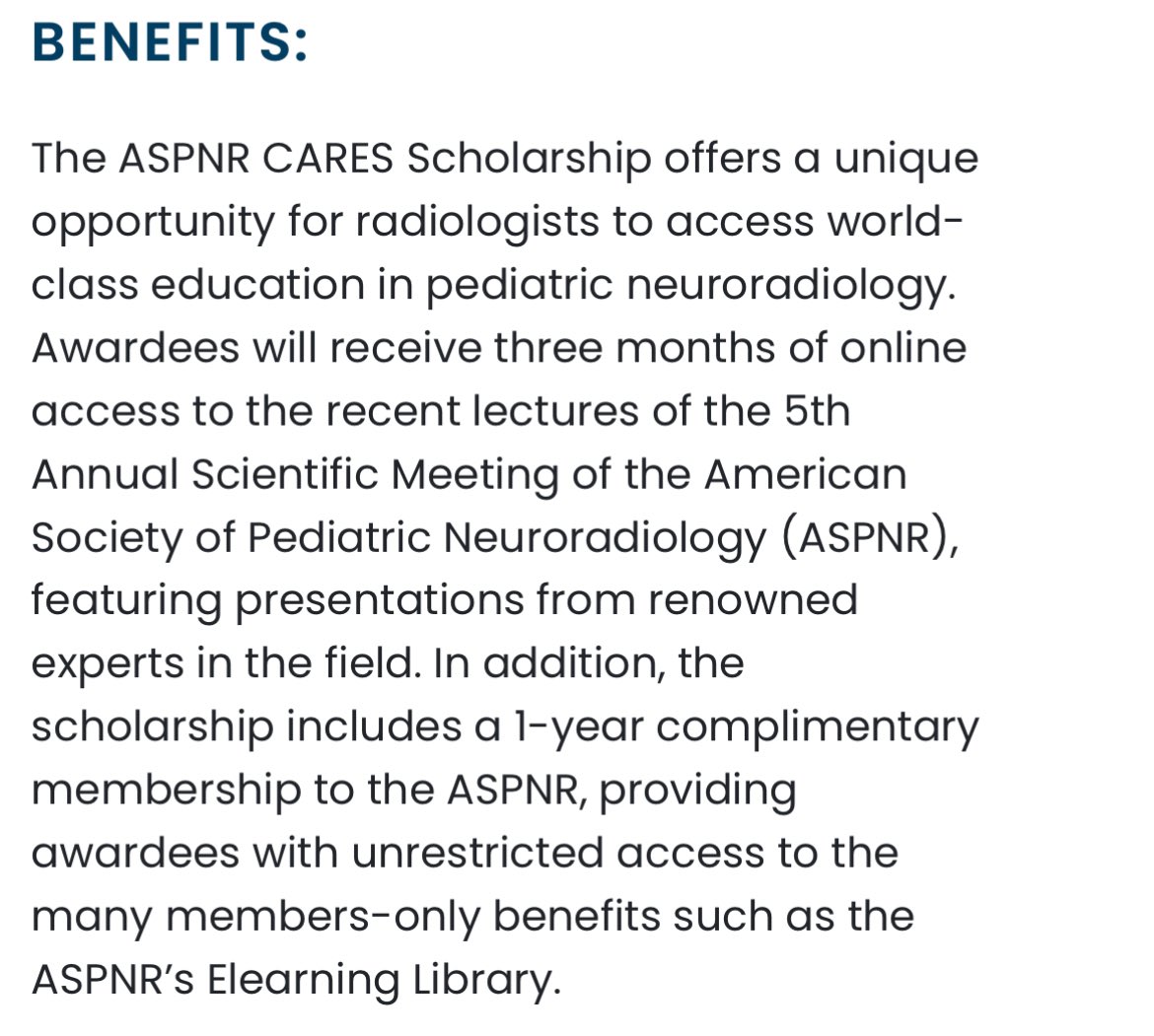 Apply for the ASPNR CARES Educational Scholarship by March 11th at bit.ly/49Cey0o 

#pedineurorad #neurorad #pedsrad