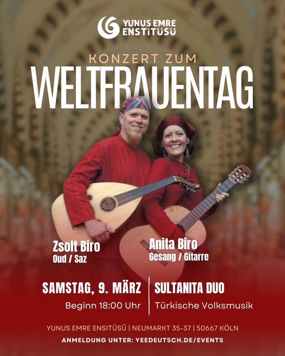 Anlässlich des Internationalen Weltfrauentages lädt das Yunus Emre Enstitüsü Köln zu einem lebhaften Konzert mit dem ungarischen Duo 'Sultanita' nach Köln ein. Anmeldung unter: yeedeutsch.de/events/konzert…