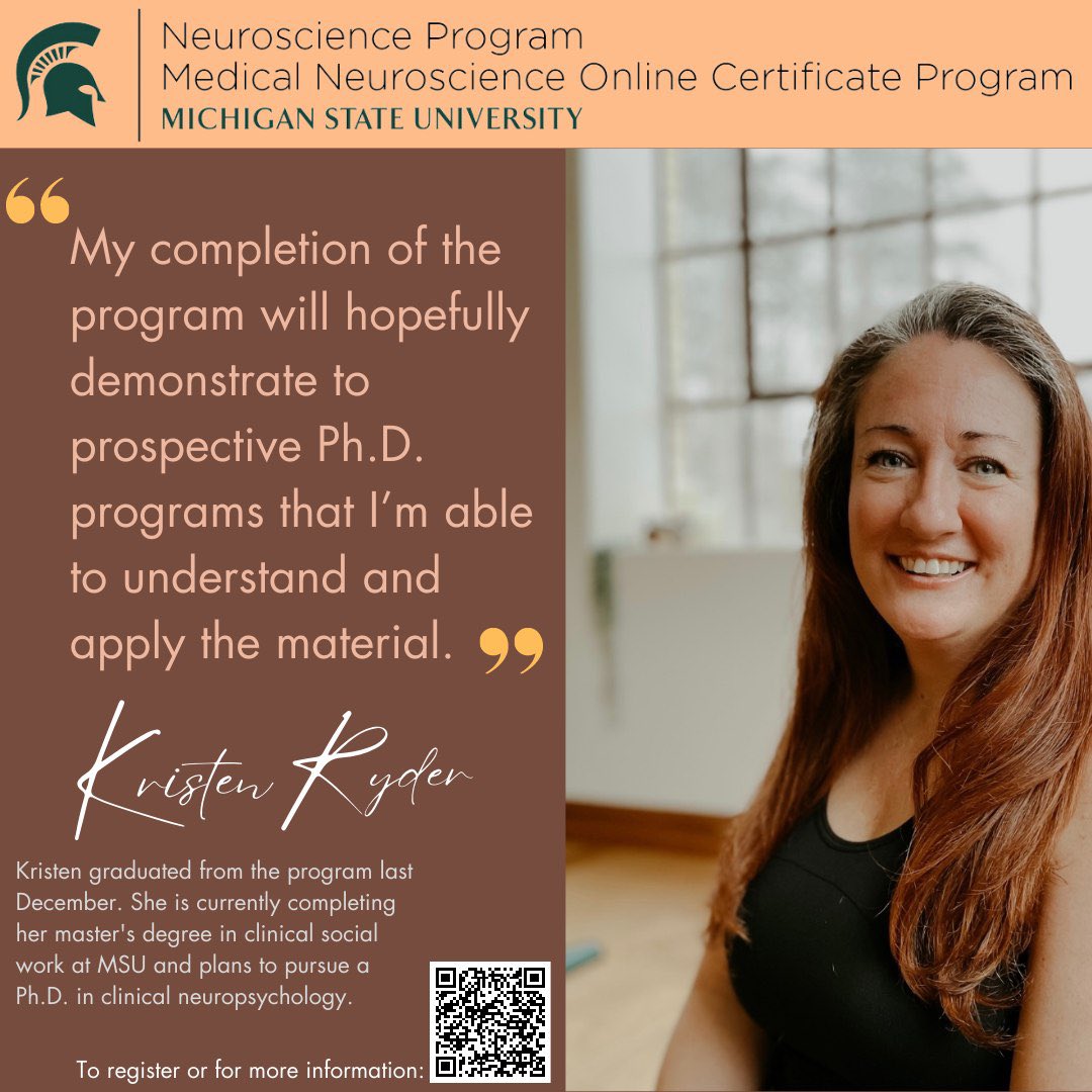 Demonstrate your own worth today. To apply or for more information, visit neuroscience.natsci.msu.edu/medneuro!
Applications for fall enrollment are due June 1, 2024
The Medical Neuroscience Online Certificate Program is a 12-credit graduate certificate program offered entirely online.