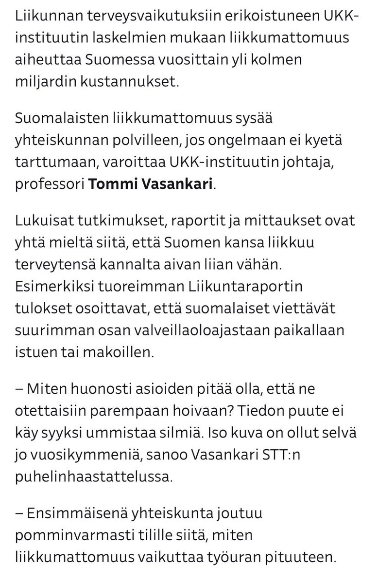 Liikkumattomuus on valtavan mittaluokan ongelma, joka aiheuttaa Suomessa miljardien kustannukset. Tämä pitäisi olla kaikkien päättäjien tiedossa. Arkikävelyn ja -pyöräilyn olosuhteiden edistäminen on erittäin tärkeä ja kustannustehokas ratkaisu ongelmaan. yle.fi/a/74-20012884