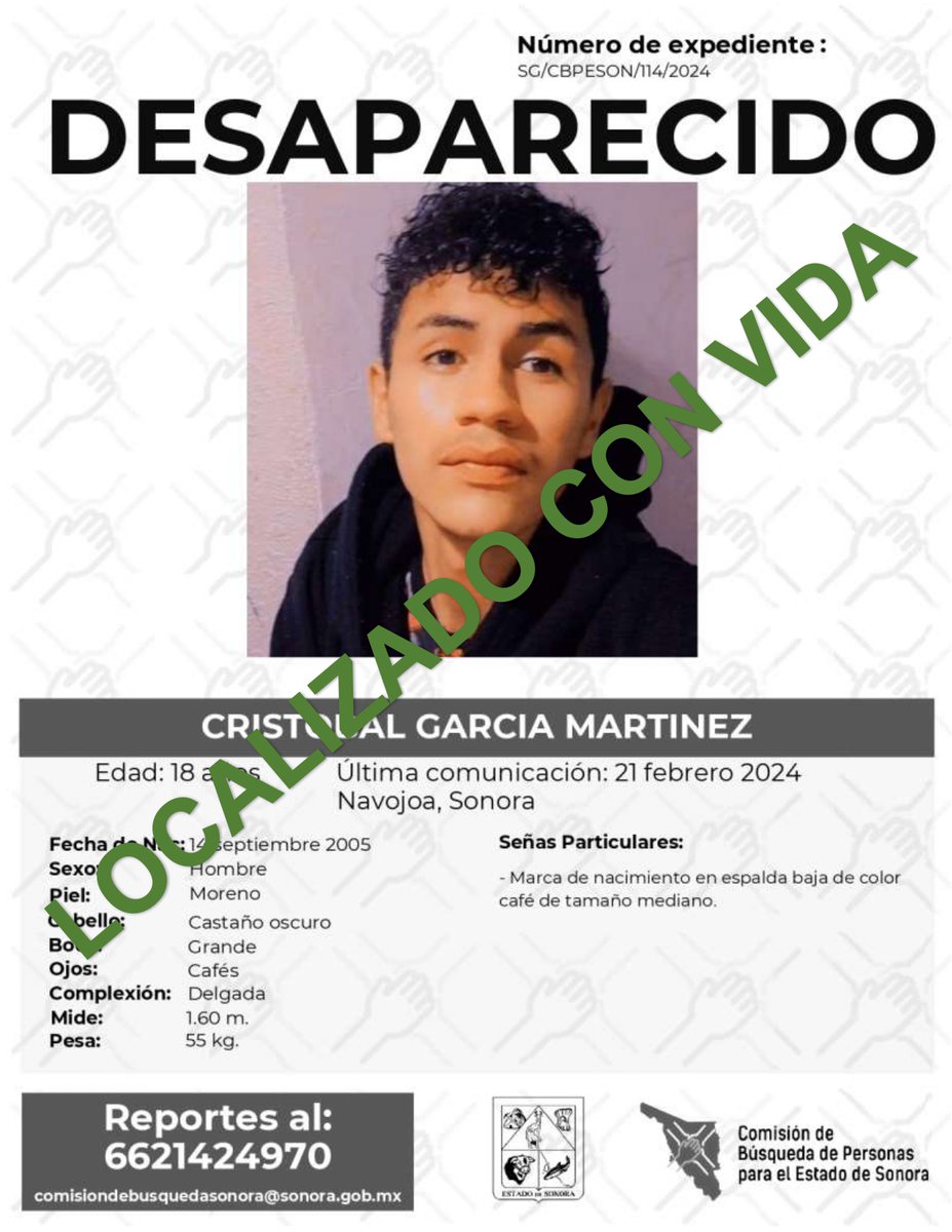 ComisionSonora's tweet photo. La Comisión de Búsqueda de Personas para el Estado de Sonora informa que, CRISTOBAL GARCÍA MARTÍNEZ fue localizado afortunadamente con vida.
"Toda persona tiene un hogar, ayudémosle a regresar"
#LocalizadoConVida https://t.co/8599sDFoUR